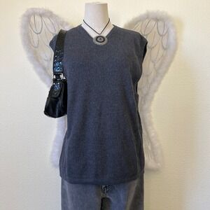 VTG 90s V Neck‎ Ribbed Knit Sweater Vest M Gray Normcore Dad Oversized Academia